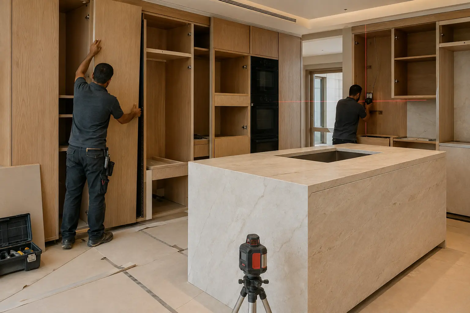 Cabinetry, stone and hardware as one composition